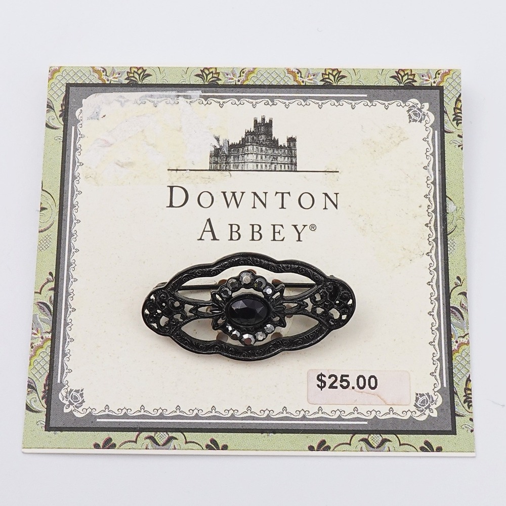 Downton Abbey Jet Memento Edwardian Black Rhinestone Filigree Bar Brooch